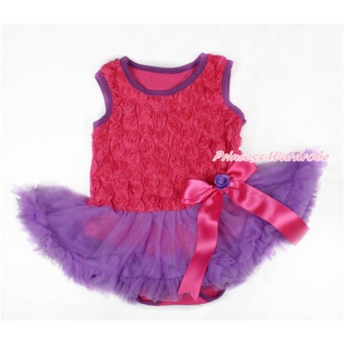 Valentine's Day Hot Pink Romantic Rose Baby Bodysuit Jumpsuit Dark Purple Pettiskirt & Hot Pink Bow JS2588 