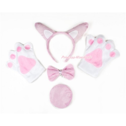 Light Pink Rabbit 4 Piece Set in Ear Headband, Tie, Tail , Paw PC068 