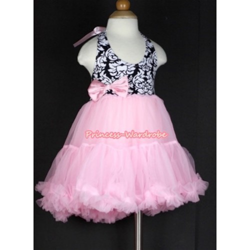 Light Pink Damask with ONE-PIECE Petti Dress with Light Pink Satin Bow LP13 