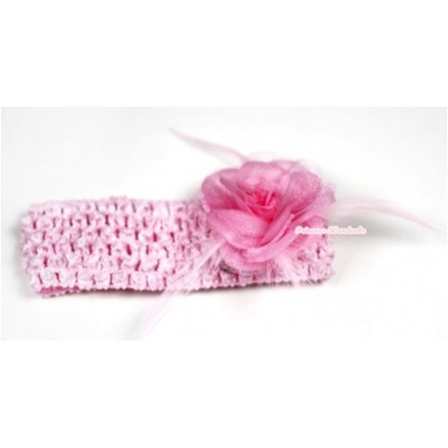 Light Pink Headband with Light Pink Rosettes Feather Hair Clip H536 