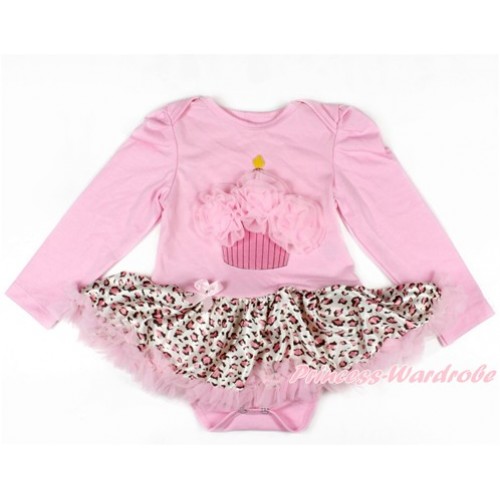 Light Pink Long Sleeve Baby Bodysuit Jumpsuit Light Pink Leopard Pettiskirt With Light Pink Rosettes Birthday Cake Print JS2607 
