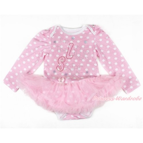 Xmas Light Pink White Dots Long Sleeve Baby Bodysuit Jumpsuit Light Pink Pettiskirt With Sparkle Crystal Bling Rhinestone I'm the Little Sister Print JS2630 