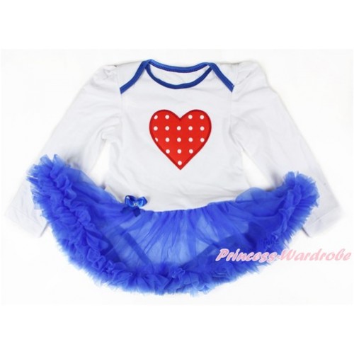 White Long Sleeve Baby Bodysuit Jumpsuit Royal Blue Pettiskirt With Red White Dots Heart Print JS2667 