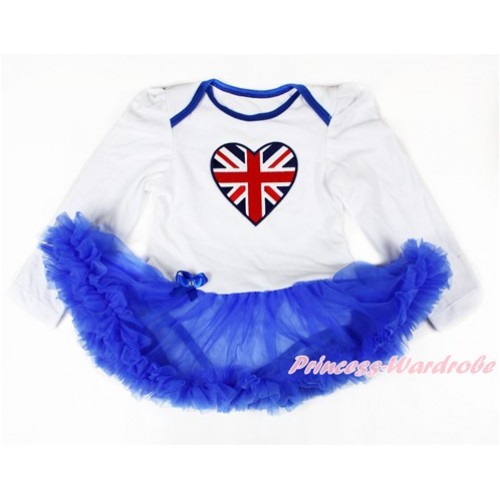 White Long Sleeve Baby Bodysuit Jumpsuit Royal Blue Pettiskirt With Patriotic British Heart Print JS2669 