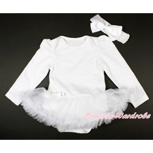 White Long Sleeve Baby Bodysuit Jumpsuit White Pettiskirt With White Headband White Silk Bow JS2681 