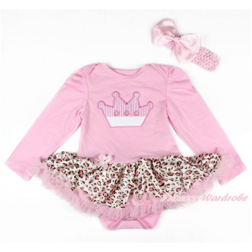 Light Pink Long Sleeve Baby Bodysuit Jumpsuit Light Pink Leopard Pettiskirt With Crown Print & Light Pink Headband Light Pink Silk Bow JS2685 