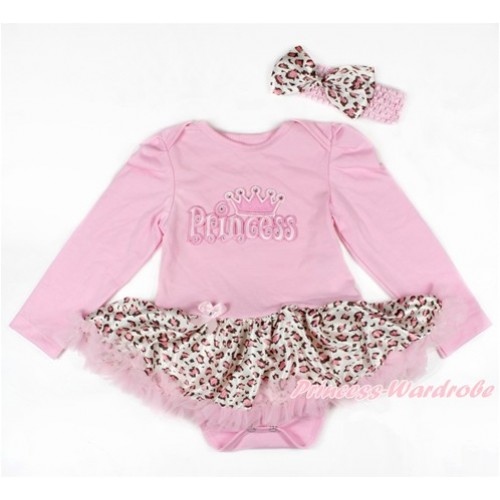 Light Pink Long Sleeve Baby Bodysuit Jumpsuit Light Pink Leopard Pettiskirt With Princess Print & Light Pink Headband Light Pink Leopard Satin Bow JS2691 