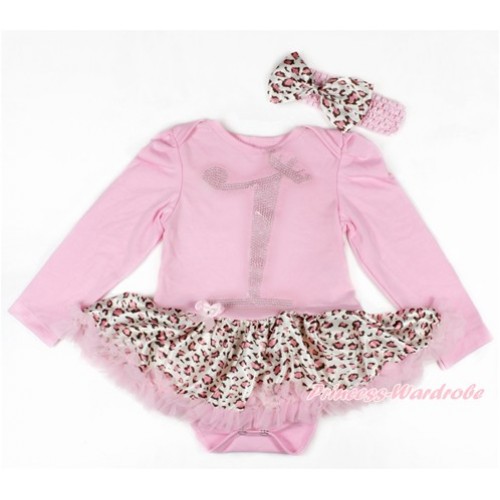 Xmas Light Pink Long Sleeve Baby Bodysuit Jumpsuit Light Pink Leopard Pettiskirt With 1st Sparkle Crystal Bling Rhinestone Birthday Number Print & Light Pink Headband Light Pink Leopard Satin Bow JS2699 