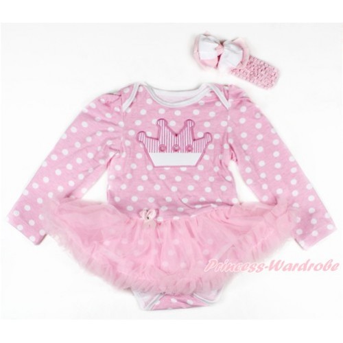 Light Pink White Dots Long Sleeve Baby Bodysuit Jumpsuit Light Pink Pettiskirt With Crown Print & Light Pink Headband White Light Pink White Dots Ribbon Bow JS2704 