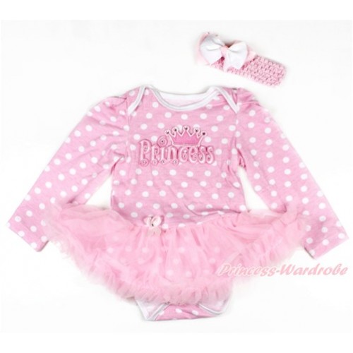 Light Pink White Dots Long Sleeve Baby Bodysuit Jumpsuit Light Pink Pettiskirt With Princess Print & Light Pink Headband White Light Pink Ribbon Bow JS2705 