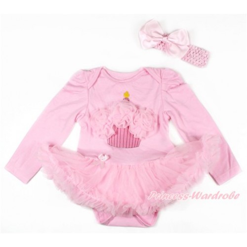Light Pink Long Sleeve Baby Bodysuit Jumpsuit Light Pink Pettiskirt With Light Pink Rosettes Birthday Cake Print & Light Pink Headband Light Pink Silk Bow JS2717 