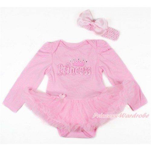 Light Pink Long Sleeve Baby Bodysuit Jumpsuit Light Pink Pettiskirt With Princess Print & Light Pink Headband Light Pink Silk Bow JS2718 