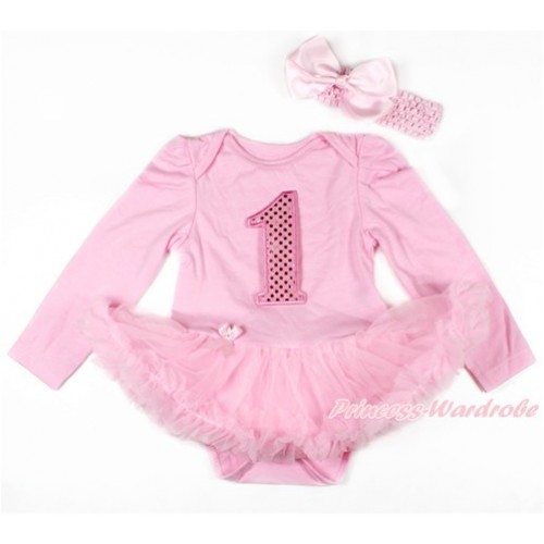Light Pink Long Sleeve Baby Bodysuit Jumpsuit Light Pink Pettiskirt With 1st Sparkle Light Pink Birthday Number Print & Light Pink Headband Light Pink Silk Bow JS2720 