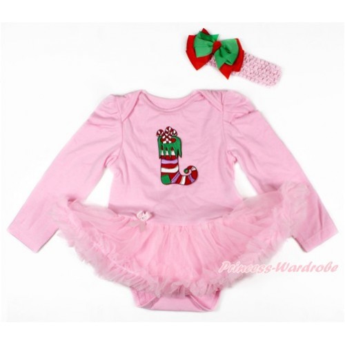 Xmas Light Pink Long Sleeve Baby Bodysuit Jumpsuit Light Pink Pettiskirt With Christmas Stocking Print & Light Pink Headband Kelly Green Red Ribbon Bow JS2721 