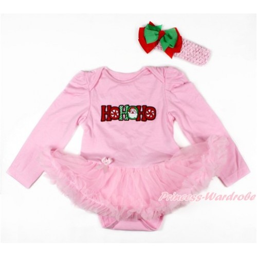 Xmas Light Pink Long Sleeve Baby Bodysuit Jumpsuit Light Pink Pettiskirt With HOHOHO Santa Claus Print & Light Pink Headband Kelly Green Red Ribbon Bow JS2722 
