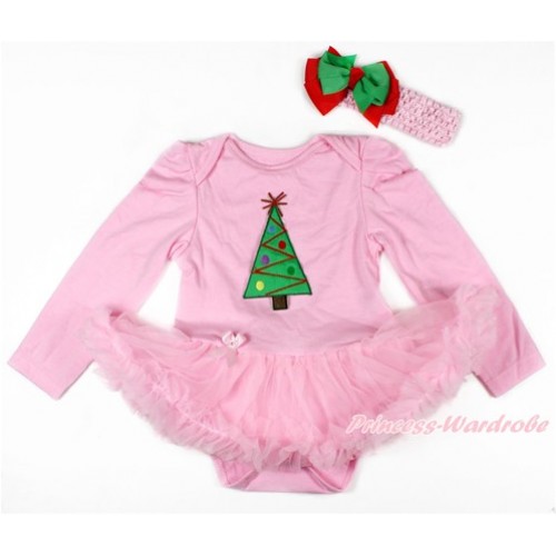 Xmas Light Pink Long Sleeve Baby Bodysuit Jumpsuit Light Pink Pettiskirt With Christmas Tree Print & Light Pink Headband Kelly Green Red Ribbon Bow JS2723 