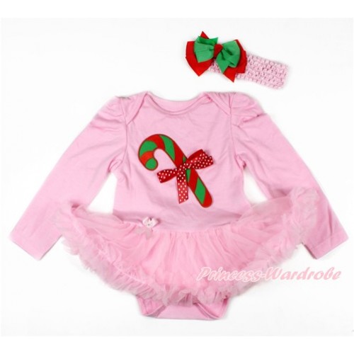 Xmas Light Pink Long Sleeve Baby Bodysuit Jumpsuit Light Pink Pettiskirt With Christmas Stick Print & Minnie Dots Bow & Light Pink Headband Kelly Green Red Ribbon Bow JS2724 