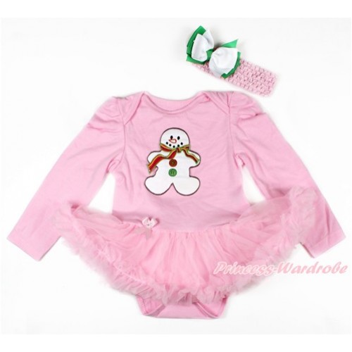 Xmas Light Pink Long Sleeve Baby Bodysuit Jumpsuit Light Pink Pettiskirt With Christmas Gingerbread Snowman Print & Light Pink Headband White Kelly Green Ribbon Bow JS2725 