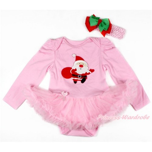 Xmas Light Pink Long Sleeve Baby Bodysuit Jumpsuit Light Pink Pettiskirt With Gift Bag Santa Claus Print & Light Pink Headband Kelly Green Red Ribbon Bow JS2726 
