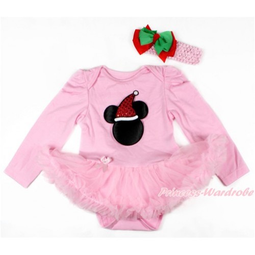Xmas Light Pink Long Sleeve Baby Bodysuit Jumpsuit Light Pink Pettiskirt With Christmas Minnie Print & Light Pink Headband Kelly Green Red Ribbon Bow JS2727 