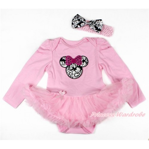 Light Pink Long Sleeve Baby Bodysuit Jumpsuit Light Pink Pettiskirt With Sparkle Hot Pink Damask Minnie Print & Light Pink Headband Damask Satin Bow JS2730 