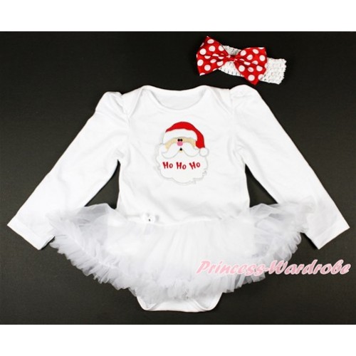 Xmas White Long Sleeve Baby Bodysuit Jumpsuit White Pettiskirt With Santa Claus Print & White Headband Minnie Dots Satin Bow JS2735 