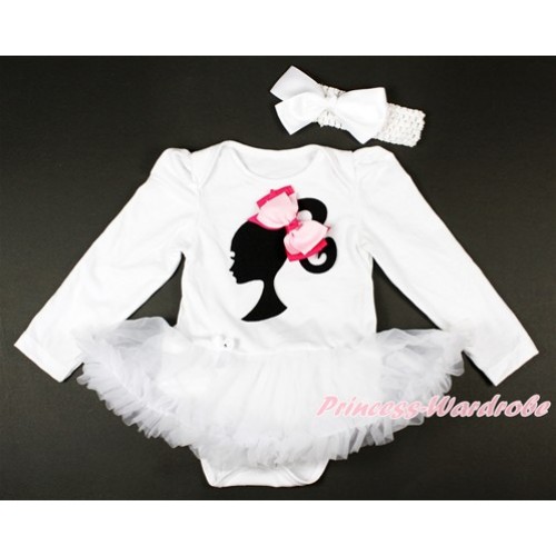 White Long Sleeve Baby Bodysuit Jumpsuit White Pettiskirt With Barbie Princess Print & Light Hot Pink Ribbon Bow & White Headband White Silk Bow JS2740 