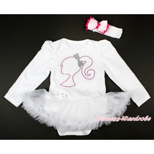 Xmas White Long Sleeve Baby Bodysuit Jumpsuit White Pettiskirt With Sparkle Crystal Bling Rhinestone Barbie Princess Print & White Headband Light Hot Pink Ribbon Bow JS2747 