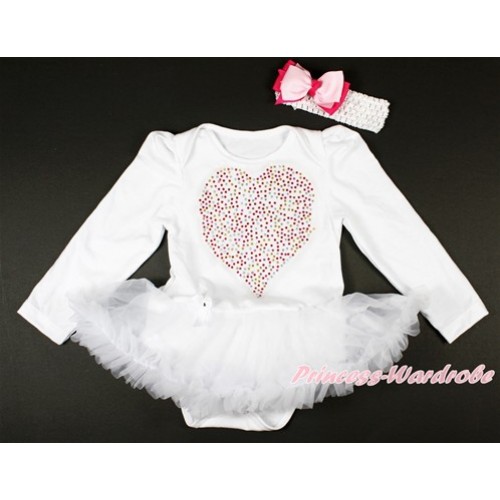 Xmas White Long Sleeve Baby Bodysuit Jumpsuit White Pettiskirt With Sparkle Crystal Bling Rhinestone Rainbow Heart Print & White Headband Light Hot Pink Ribbon Bow JS2750 