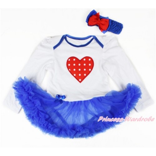 White Long Sleeve Baby Bodysuit Jumpsuit Royal Blue Pettiskirt With Red White Dots Heart Print & Royal Blue Headband Red Royal Blue Ribbon Bow JS2753 