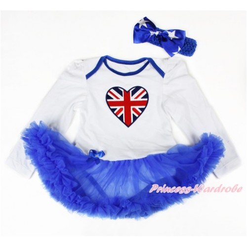 White Long Sleeve Baby Bodysuit Jumpsuit Royal Blue Pettiskirt With Patriotic British Heart  Print & Royal Blue Headband American Star Satin Bow JS2755 