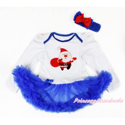 Xmas White Long Sleeve Baby Bodysuit Jumpsuit Royal Blue Pettiskirt With Gift Bag Santa Claus Print & Royal Blue Headband Red Royal Blue Ribbon Bow JS2756 