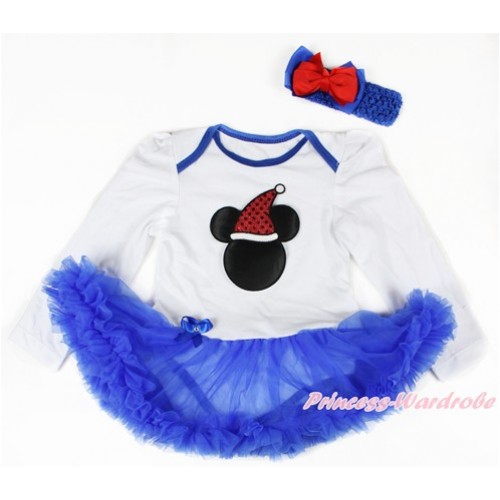 Xmas White Long Sleeve Baby Bodysuit Jumpsuit Royal Blue Pettiskirt With Christmas Minnie Print & Royal Blue Headband Red Royal Blue Ribbon Bow JS2757 