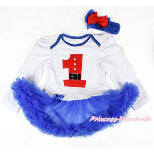 Xmas White Long Sleeve Baby Bodysuit Jumpsuit Royal Blue Pettiskirt With 1st Santa Claus Birthday Number Print & Royal Blue Headband Red Royal Blue Ribbon Bow JS2760 