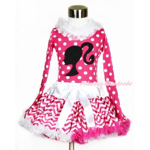 Hot Pink White Dots Long Sleeves Top with White Lacing with Barbie Princess Print With Hot Pink White Wave Pettiskirt MW419 
