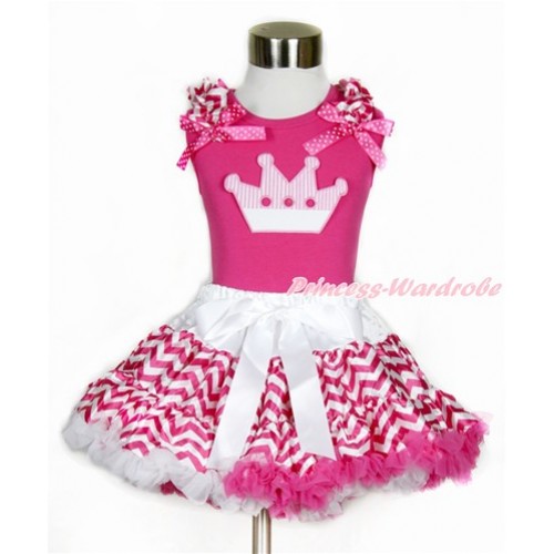 Hot Pink Tank Top with Hot Pink White Wave Ruffles & Hot Pink White Dots Bow with Crown Print  & Hot Pink White Wave Pettiskirt MH145 