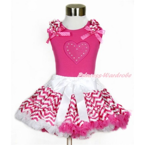 Hot Pink Tank Top with Hot Pink White Wave Ruffles & Hot Pink White Dots Bow with Hot Pink Heart Print  & Hot Pink White Wave Pettiskirt MH146 