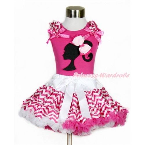 Hot Pink Tank Top with Hot Pink White Wave Ruffles & Hot Pink White Dots Bow with  Barbie Princess Print & Light Hot Pink Ribbon Bow & Hot Pink White Wave Pettiskirt MH148 