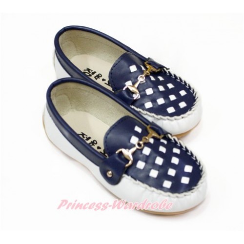 Royal Blue White Checked Gold Chain Boat Girl Shoes 818RoyalBlue 