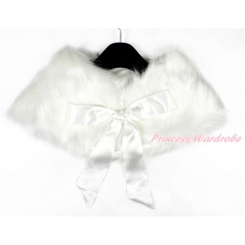 White Ribbon with White Soft Fur Stole Shawl Shrug Wrap Cape Wedding Flower Girl Shawl Coat SH43 