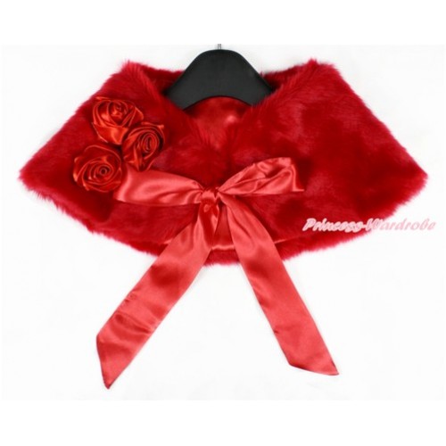 Red Rosettes & Red Ribbon with Red Soft Fur Stole Shawl Shrug Wrap Cape Wedding Flower Girl Shawl Coat SH47 