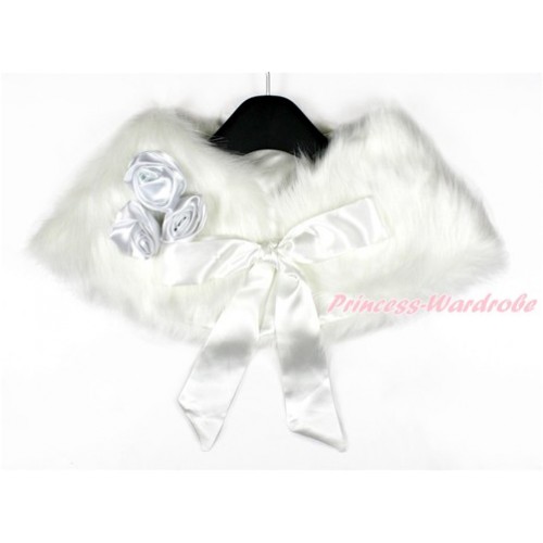 White Rosettes & White Ribbon with White Soft Fur Stole Shawl Shrug Wrap Cape Wedding Flower Girl Shawl Coat SH48 