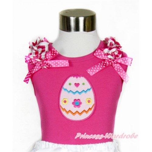 Hot Pink Tank Top With Hot Pink White Wave Ruffles & Hot Pink White Dots Bow With Easter Egg Print TM244 