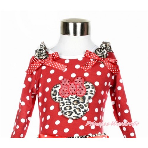 Minnie Dots Long Sleeves Top With Leopard Ruffles & Minnie Dots Bow with Leopard Minnie Print TO309 