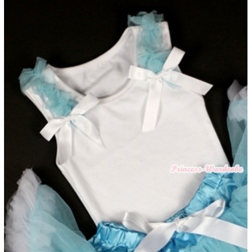 White Tank Top with Light Blue Ruffles and White Bow T474 