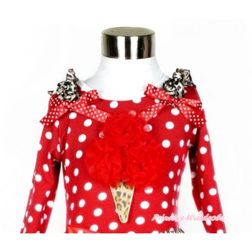 Minnie Dots Long Sleeves Top With Leopard Ruffles & Minnie Dots Bow with Red Rosettes Leopard Ice Cream Print TO320 