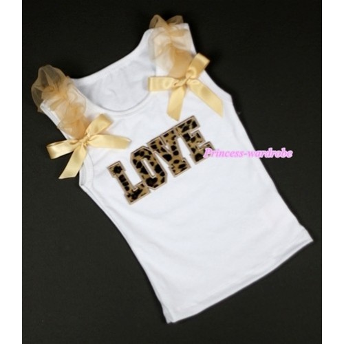 Leopard Love Print White Tank Top with Goldenrod Ruffles &Goldenrod Bows TB209 