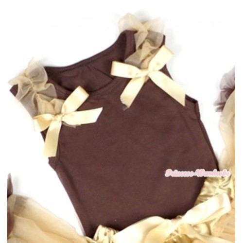 Brown Tank Top With Goldenrod Ruffles& Goldenrod Bow T476  