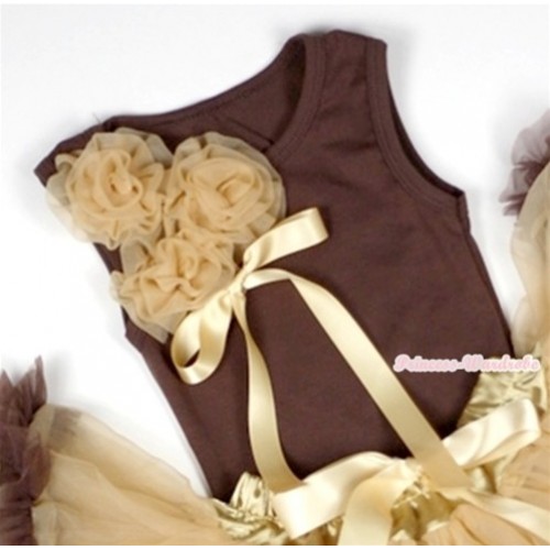 Brown Tank Top with Bunch of Goldenrod Rosettes and Goldenrod Bow TM210 