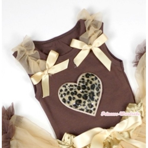 Leopard Heart Print Brown Tank Top with Goldenrod Ruffles &Goldenrod Bows TM213 